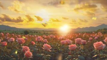 ein Feld von Rosa Rosen beim Sonnenuntergang mit Berge im das Hintergrund und ein beschwingt, bunt Himmel gefüllt mit Wolken. das Bild erfasst das Schönheit von Natur und das heiter Atmosphäre von das Szene video