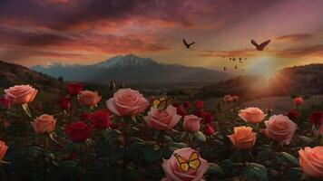A field of pink roses at sunset with mountains in the background and a vibrant, colorful sky filled with clouds. The image captures the beauty of nature and the serene atmosphere of the scene video
