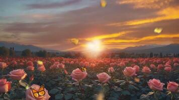 A field of pink roses at sunset with mountains in the background and a vibrant, colorful sky filled with clouds. The image captures the beauty of nature and the serene atmosphere of the scene video