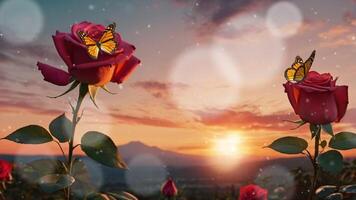 A field of pink roses at sunset with mountains in the background and a vibrant, colorful sky filled with clouds. The image captures the beauty of nature and the serene atmosphere of the scene video