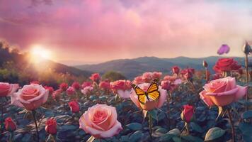 A field of pink roses at sunset with mountains in the background and a vibrant, colorful sky filled with clouds. The image captures the beauty of nature and the serene atmosphere of the scene video