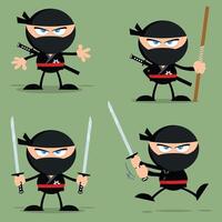 Ninja Warrior Cartoon Character With Weapons Flat Design. Collection With Green Background vector