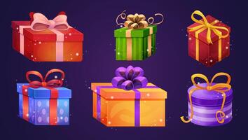 Set of closed gift boxes. Illustration of colorful striped, dotted surprise packages decorated with ribbon bows with light and sparkles inside vector