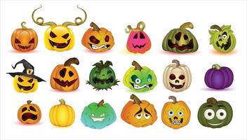 Collection of 16 jack-o'-lanterns with different expressions, colors, and accessories vector