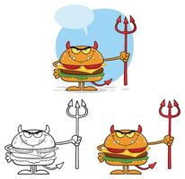 Devil Burger Cartoon Character Holding A Trident. Collection Set vector