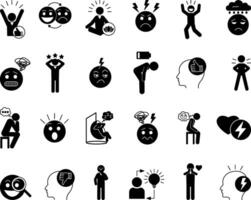 Black Set of Mood Icons. Icons of Sad, Excited, Joyful, Angry Anxious, Pensive, Surprised, Tired, Jealous, Optimistic, Confident, and Others vector