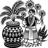 A black and white drawing of a man with a pot and plants vector
