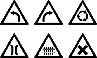 Prohibitory Triangle Road Signs. Left and Right Turn, Roundabout, Bridge Ahead, Railway and Intersection vector