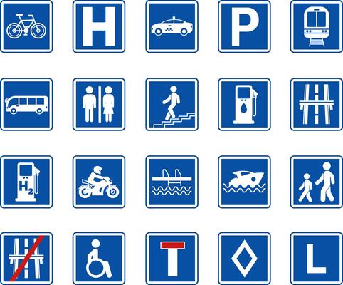 Blue Square Road Signs. Parking, Train Station, Hospital, Toilet, Bus Stop, Subway, Pool, Pier, Disabled Parking, and More