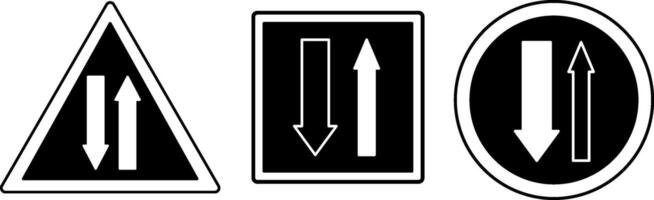 Black Two-Way Traffic Road Signs. Two-Way Traffic Ahead. Give Way to Oncoming Traffic. Priority Over Oncoming Vehicle vector