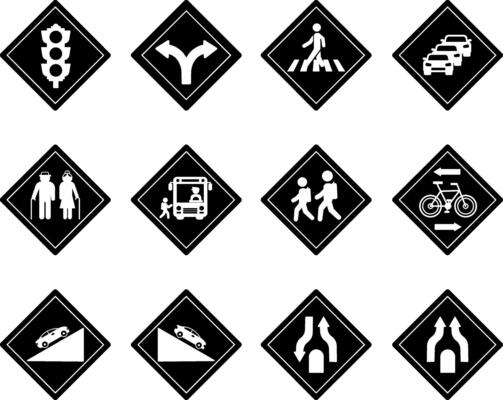 Black Diamond Shaped Road Signs. Traffic Light, Fork, Crosswalk, Traffic Jam, Elderly, School Bus, Steep Descent and Ascent, and Others