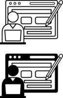 Blogger icons. Black and White Icons. Website with Content and Vlogger with Laptop. Blogging on the Internet. Publishing Content on the Online Platform vector