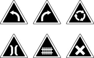 Black Prohibitory Triangle Road Signs. Left and Right Turn, Roundabout, Bridge Ahead, Railway and Intersection vector