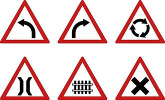 Red Prohibitory Triangle Road Signs. Left and Right Turn, Roundabout, Bridge Ahead, Railway and Intersection vector