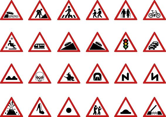 Red Triangular Road Signs. Humorous Stickers. Embankment Exit, Road Works, Pedestrian Crossing, School Crossing. Parking, Traffic Jam, Traffic Light, Train, Zombie, Witch Road, and More