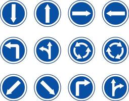 Blue Arrows Showing Traffic. Round Signs. Back, Forward, Right and Left Arrows. Straight or Right, Straight or Left. Roundabout. Keep Left or Right vector