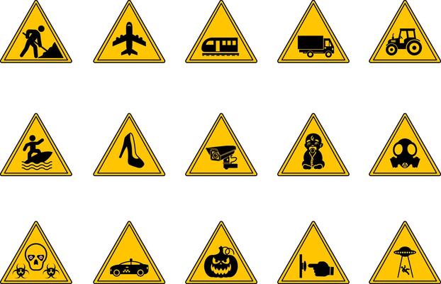 Yellow Triangular Road Signs. Warning Signs. Road Works, Airport, Train, Heavy Truck. Farm Tractor, CCTV, Surfing, Child On Board, No Parking, and More