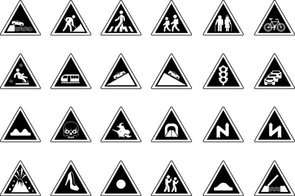 Black Road Signs. Humorous Stickers. Embankment Exit, Road Works, Pedestrian Crossing, School Crossing. Parking, Traffic Jam, Traffic Light, Train, Zombie, Witch Road, and More