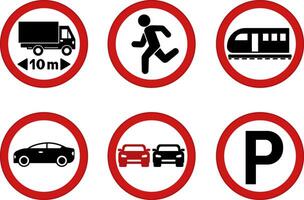 Red Prohibitory Road Signs. Length Limit and Railway Crossing. No Parking, Overtaking, Movement of Cars, Stopping vector