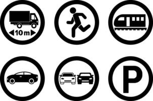 Prohibitory Road Signs. Length Limit and Railway Crossing. No Parking, Overtaking, Movement of Cars, Stopping vector