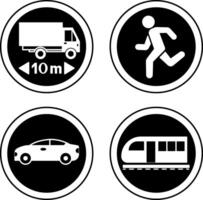 Black Prohibitory Road Signs. Length Limit and Railway Crossing. No Parking, Overtaking, Movement of Cars, Stopping vector