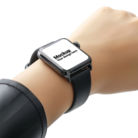 Mockup of black smart watch with square display on hand on white background psd