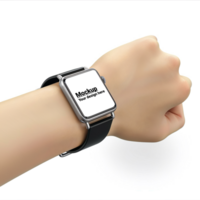 Layout of black smartwatch with square display on hand on white background psd