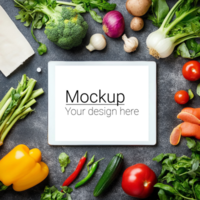 Tablet with mockup of vegetables and fruits on a dark background psd