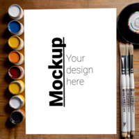 Layout of an A4 sheet on a creative table with brushes and paints psd