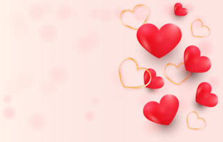 Romantic valentines day background and banner design with glossy 3d red and gold hearts psd