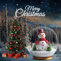 Merry christmas snowman in snow globe with christmas tree and presents psd