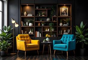 Two chairs in front of a book shelf with plants photo