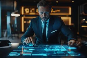 Male leader at a sleek desk interacting with a holographic display photo