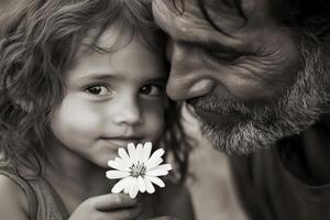 Little girl with tousled hair holding flowers, father smiles with affection photo
