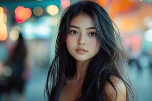 Portrait of beautiful Asian woman blending into the urban environment photo
