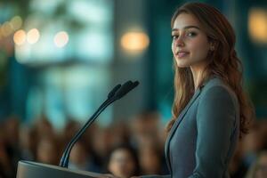 Confident woman leader presenting new strategy to large audience photo