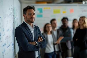 Male leader leading a brainstorming session with colleagues around a whiteboard photo