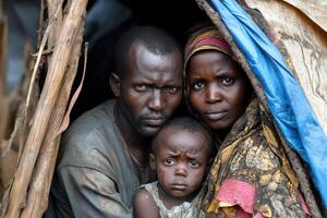 Family seeks comfort under makeshift shelter, sharing strength and vulnerability photo