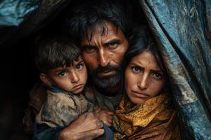 Family huddles under makeshift shelter, sharing comfort and strength photo