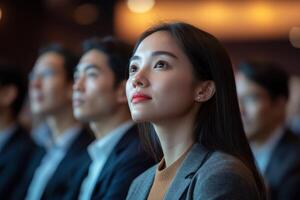 Asian professionals listen intently at business conference photo