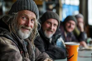 Diverse homeless individuals share joyful discussion around table photo