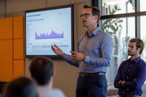 A man presents data in a meeting, while another listens attentively. photo