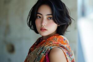 Portrait of young woman in vibrant silk scarf and tunic with sleek bob photo