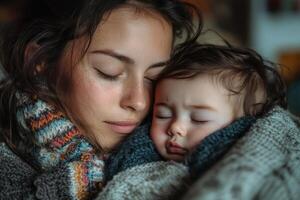 A mother and her baby share a tender moment, wrapped in cozy blankets. photo