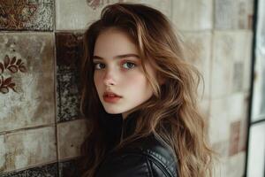 Young woman with mysterious allure in modern style and vintage backdrop photo