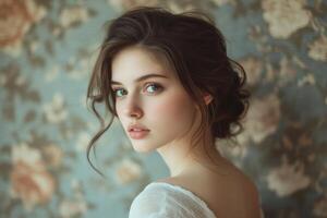 Portrait of young woman with mystery in modern style and vintage setting photo
