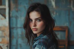 Portrait of young woman with mysterious allure in modern style and vintage setting photo