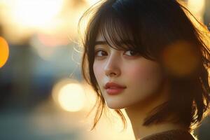 A portrait of a young woman with soft features, illuminated by sunset light. photo