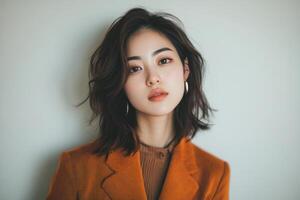 Asian woman in trendy outfit poses confidently with cool expression photo