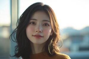 Portrait of Japanese woman in modern style with optimistic expression photo